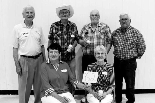 Gathering for their 60th reunion were members of the class of 1962. FRONT (L-R): Kathy (Ingles) Rost and Carol Carpenter; BACK: Dennis Petersen, Clyde Doan, Darrel Burke, and Dan Heck.